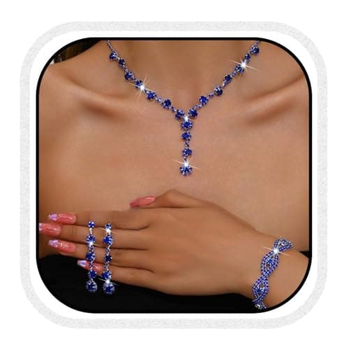 Image of Reaky Bridal Jewelry Set Rhinestone Necklace Silver Crystal Jewelry Sets 3 Pcs Bride Wedding Accessories for Women (Blue)