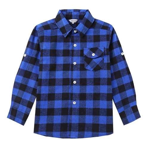 Image of Bienzoe Boys Button Down Shirt: Kids Plaid Flannel Long Sleeve Shirts Blue Black 3/4