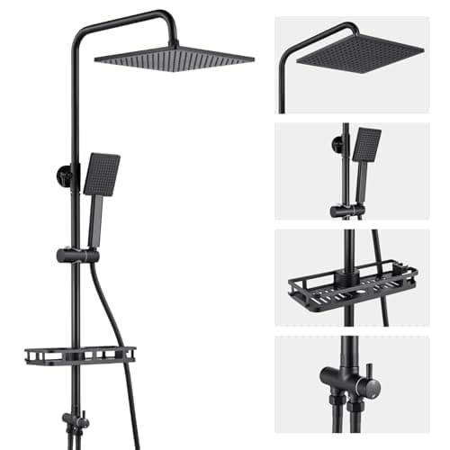 Image of Auralum Adjustable Shower Riser Rail Kit with No Drill Shelf,10" Large Rainfall Shower Head,Square Handheld Shower with Rotating Bracket, Black Shower Set Easy DIY Install Fits UK Bathrooms