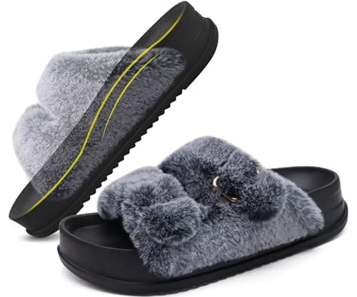 Image of KuaiLu Women's Fluff Slippers Black UK 7, Plantar Fasciitis Comfortable Platform Sandals with Arch Support Ladies Open Toe Faux Fur Sliders Womens House Slipper