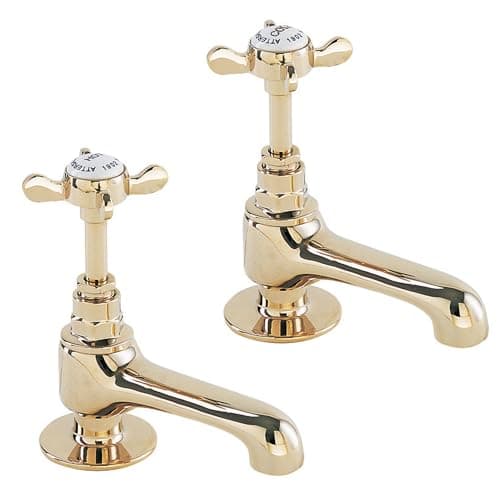 Image of Deva Coronation Cross Lever Basin Taps Gold Pair Polished Brass Finish Hot & Cold Traditional Edwardian Era Handle Brass Style Pillar Faucet Vintage Tap CR19 – 5 Year Warranty