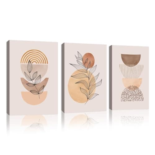 Image of KiKiHong Boho Framed Canvas Wall Art Prints, Framed 3-Piece Abstract Leaf & Geometric Print Wall Decor,Framed pictures for Living Room Bedroom Hallway 30×40cm