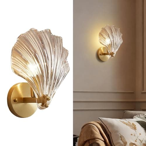 Image of KlkrzJwy Modern Crystal Wall Light, Brass Base Shell Wall Sconces Lamp, E14 Gold Crystal Wall Lamp Wall Lighting Fixtures For Bedside Bedroom Living Room Corridor Dining Room Hallway (Amber)