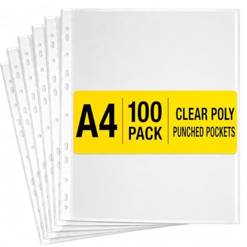 Image of BESTOFJOYS A4 Punched Pockets, 100 x Poly Pockets,100 A4 Pockets Plastic Value Punch Pockets,Holds Up to 20 Sheets,Durable 30 Micron Thickness, Ideal for Lever Arch Files,Folders and Ring Binders