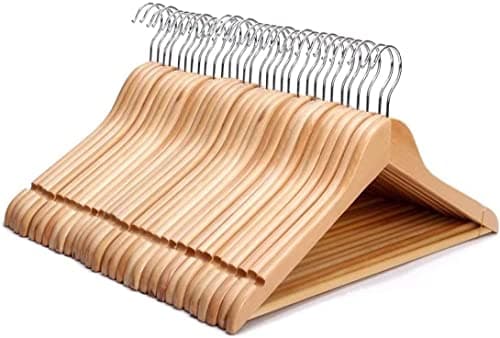 Image of KEPLIN Strong Walnut Wood Wooden Coat Hangers with 360 Degree Rotatory Hook & Round Trouser Bar & Shoulder Notches - Durable Wardrobe Space Saver (Natural, 20 Pack)