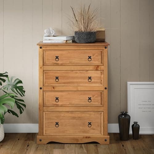 Image of Mercers Furniture Corona Compact 4 Drawer Chest Of Drawers Solid Wood Pine Wooden Bedroom Storage Deep 113cm High. 82cm Wide. 40cm Deep