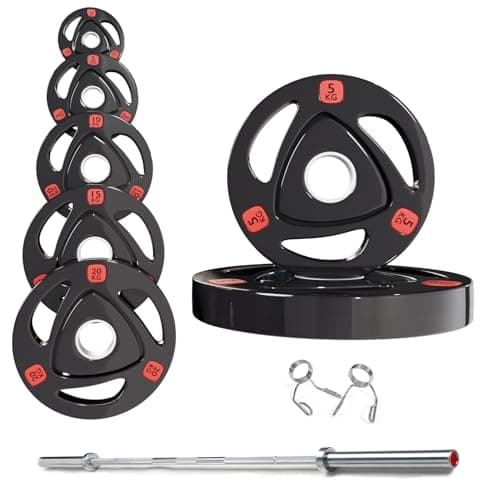 Image of Strongway® Olympic 50KG 70KG 100KG Tri Grip Weight Plates Sets with 6FT 7FT Barbell - 2 Inch (2") / 50mm Hole - Rubber Coated Cast Iron Weight Lifting Bar (50KG SET + 6FT BAR)