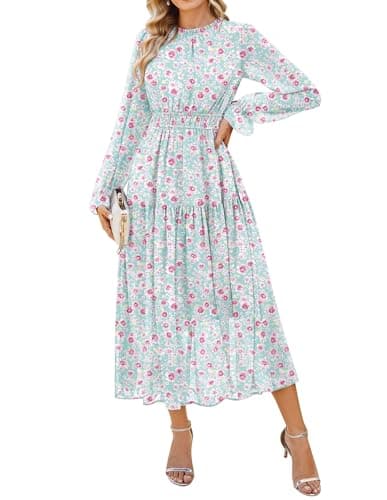 Image of GRACE KARIN Women Summer Floral Chiffon A-Line Dress Long Sleeve Tiered Wedding Guest Party Dress Mint Green S