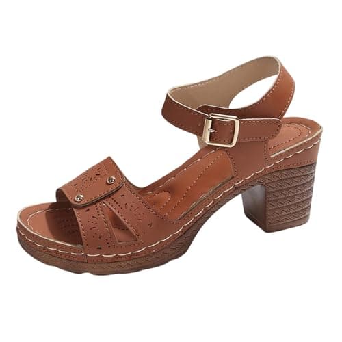 Image of Generisch Women Summer Sandals Buckle Strap Casual Open Toe Square Heel Comfortable Beach Shoes, brown, 8.5 UK