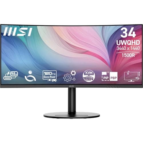 Image of MSI Modern MD342CQP 34 Inch UWQHD 1500R Curved Monitor - 3440 x 1440 VA Panel, KVM, PIP/PBP, Wide Color Gamut, Eye-Friendly Screen, Built-in Speakers, 3-Way Adjustable - HDMI 2.0b, DisplayPort (1.4a)