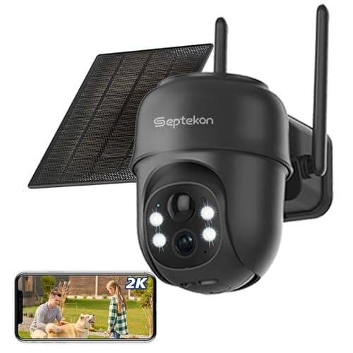 Image of Septekon 2K Solar Security Cameras Wireless Outdoor, 360°PTZ Battery Powered Outdoor Camera, 2.4G WiFi Camera with Spotlight Color Night Vision, Motion Sensor Alarm, IP66-Black
