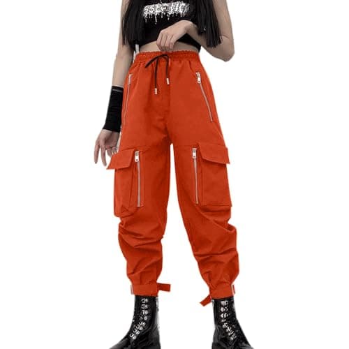Image of MEINVQIAOTI Halloween Orange Cargo Pants Women Loose Chained Gothic Multi-Pocket Multi-Zip Punk Goth (Orange,M)