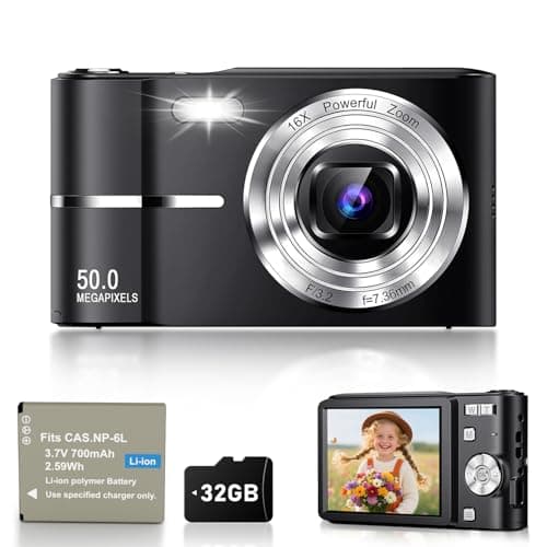 Image of EJXHKNF Digital Camera, 1080P FHD Vlogging Camera 50MP Compact Portable Photo Camera with 2.4" Screen, 16X Digital Zoom Mini Small Pocket Camera for Kids Students with 1 Battery, 32GB Card (Black)