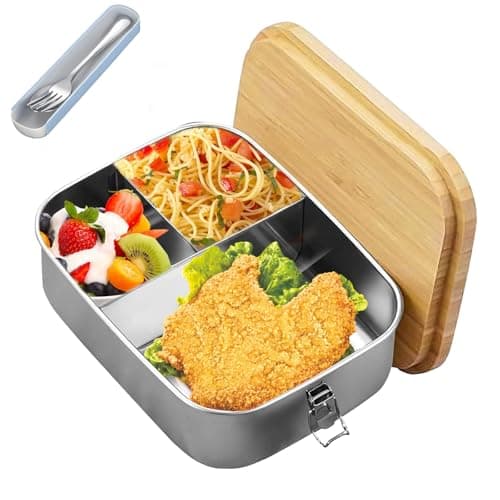 Image of 1200Ml Lunch Box Stainless Steel, Bento Box Metal With Wooden Lid Lunch Container, Bento Lunchbox Adult 3 Compartment Sandwich Box Metal With Cutlery Fork & Spoon Suitable For School, Work, Picnic