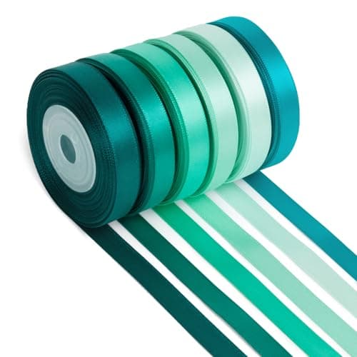 Image of Teal Ribbon 3/8 Inch x 60Yards Double Faced Satin, Dark Teal, Aqua, Turquoise, Jade, Peacock, Mint Green, Blue and Green Ribbon for Flower Bouquet, Gift Wrapping, Wedding, Bridal Shower, Bows & Crafts