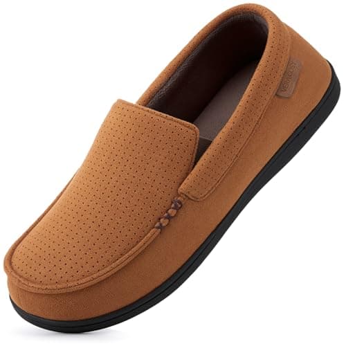 Image of VeraCosy Men's Classic Moccasin Slippers with Memory Foam and Coral Fleece Lining Chocolate Tan,11 UK