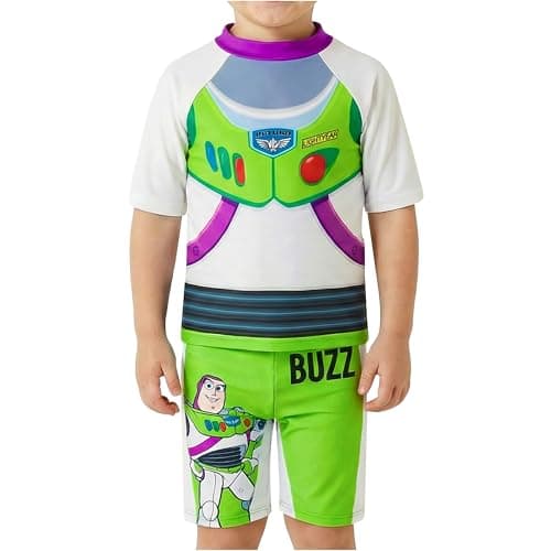 Image of Toy Story Buzz Lightyear Boys Swimsuit Set, 2 Pcs Swimming Costume Swim Shorts & Rash Vest, Pool Beach Holiday Essentials (6-7 Years, White/Green Buzz)