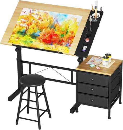 Image of Dripex Adjustable Drafting Table, Tiltable Drawing Table with Stool, Art Craft Desk with Storage Drawers for Artwork, Computer Desk for Reading, Writing and Working at Home/Office, Wood Grain