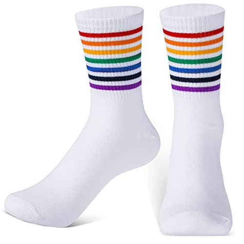Image of Neer Rainbow Striped Pride Sport Socks Cotton Unisex Colorful LGBT Socks Classic LGBTQ Gay Crew Sock for Adult Men Women Gift (White)