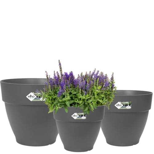 Image of elho Vibia Campana Round Plant Pots - Flower Pots Outdoor - 100% Recycled Plastic - Set of 3 - Ø 25, 30, 35 cm - Black/Anthracite