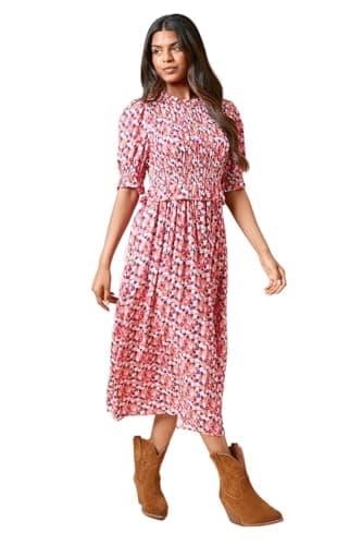 Image of Dorothy Perkins Petite Floral Shirred Bodice Puff Sleeve Midi Dress, 6, Pink