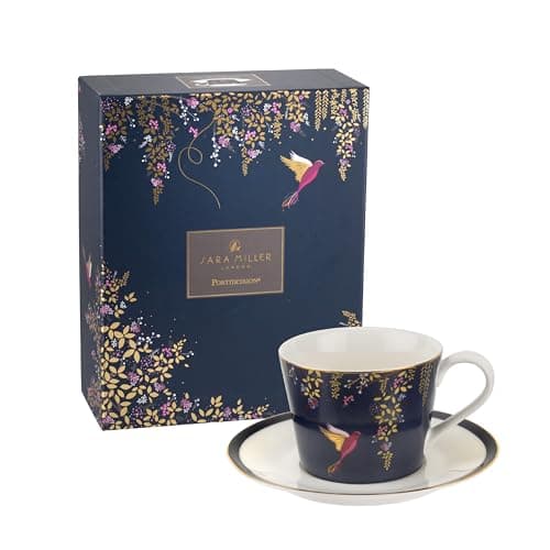 Image of Portmeirion x Sara Miller London Fine China Teacup and Saucer Set - Navy Teacup with 22ct Gold Detailing, Chelsea Collection, A Timeless Blend of Style and Quality