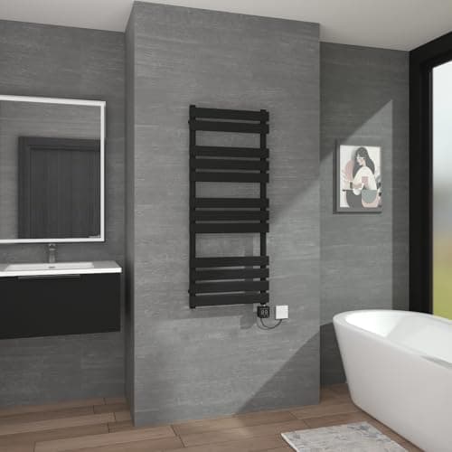 Image of Warmehaus Smart WiFi Touch Screen Thermostatic Electric Heated Towel Rail Radiator Black Flat Panel with Weekly Timer Child Lock Bathroom Ladder Radiator 1200x500mm 600W