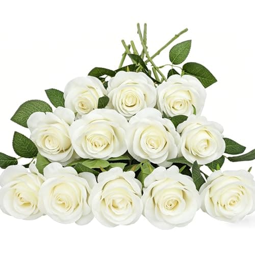Image of HNVNER 12 Pcs White Rose Artificial Flowers, Fake Flowers Silk Rose Realistic Bouquets for Wedding Table Centerpiece Home Decor