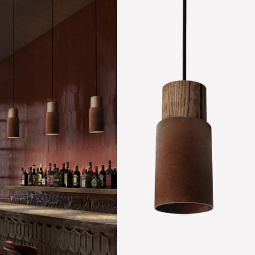 Image of ouglres Pendant Light Rusty Red,Kitchen Island Lights with Durable Metal Lampshade,Height Adjustable,Industrial Natural Wood Hanging Light,Retro Lamp for Dining Room,Living Room,Bedroom,Bar,E27,1pack