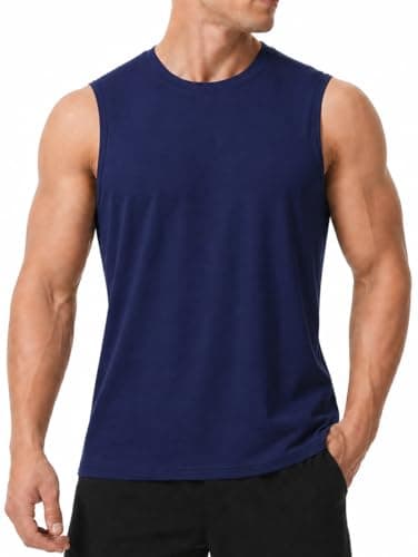 Image of LORSPORTCH Men's Gym Vest Sleeveless Tank Top Athletic Workout Shirt Muscle Fit Bodybuilding Training Running Sports Top Navy Blue XL
