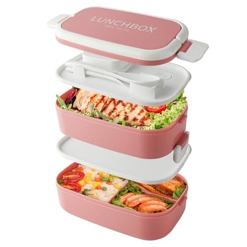 Image of Beeptrum Bento Lunch Box Stackable,1400ml Containers with 4 Compartments and Cutlery, Leakproof 2 Layer Boxes, for Adults Kids Office, Microwave Dishwasher Safe (Pink)