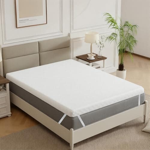 Image of Panana Double Memory Foam Mattress Topper, 5cm Thick 4FT6 Cooling Bed Topper With Washable Cover, Pressure Relieving (White, 135 x 190 x 5cm)