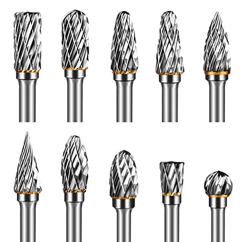 Image of Hakkin 10PCS Double Cut Carbide Burr Set 1/8” Shank Drill Bits Tungsten Carbide Rotary Burr Set for Woodworking, Drilling, Metal Carving, Engraving, Polishing Compatible with Dremel Rotary Tool