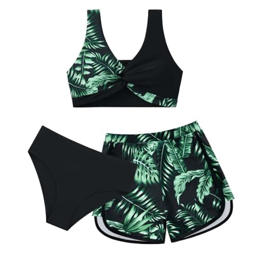 Image of BOBORA Girl's 3 Piece Swimsuits Teen Tropical Print Bikini Set with Cover Up Shorts Girls Twist Cross Bathing Suit Swimwear for Ages 9-10 Years Black-Green