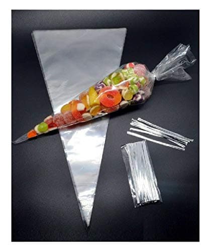 Image of POLYBAGSTORES LIMITED 50 Clear Cone Cellophane Party Bags Perfect for Sweets and Crafts Branded With Silver Twist Ties