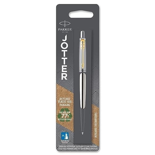Image of Parker Jotter Ballpoint Pen | Stainless Steel with Golden Trim | Medium Point Blue Ink