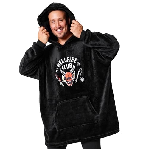 Image of Stranger Things Hoodie Blanket for Men and Teenagers - Cosy Oversized Fleece Hoodie One Size Sherpa Hood - Gifts for Him Black