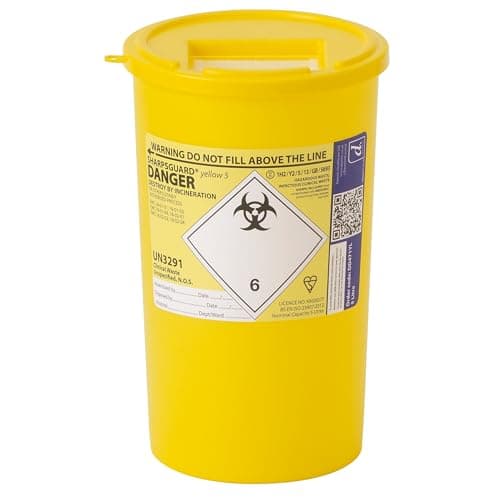 Image of 2X Sharpsguard Sharps Bin 5 Litre - Yellow (Multi Pack) | Safe Needle Disposal Container | Secure Clinical Waste Box with Lid | NHS Approved Sharps Disposal Unit
