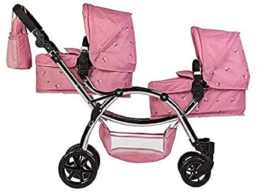 Image of Roma Twin Dolls Pram - Realistic Double Dolls Pushchair for Ages 3-16, Adjustable Handle, 16 Combinations, Ideal Toy Pram for Reborn Dolls, Includes Bag & Basket (Darcie Pink)