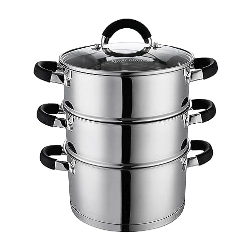 Image of Royal Cuisine 3 Tier Stainless Steel Steamer Cooking Pot 22cm Multi Layer Pan with Glass Lid Stackable Veg Steamer Food for Vegetables Induction Cookware with Silicone Handles