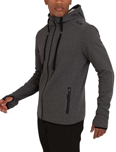 Image of TCA Men’s Revolution Tech Workout Thermal Running Hoodie Jacket with Zip Pockets and Thumbholes - Asphalt, XL