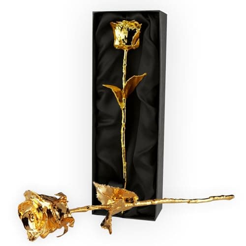 Image of mikamax 24k Gold Rose - Real Rose Dipped in Gold With Certificate of Authenticity - 7-8 Inches - Luxurious Box 32 x 5 x 11 cm