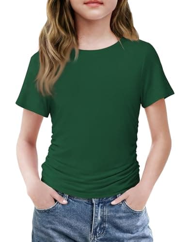 Image of Arshiner T-Shirt for Girls Green Short-Sleeve Crew Neck T-Shirts Kids Solid Color Tee Gathered Sides Fitted Stretch Soft Basic Casual Summer Top 7-8 Years