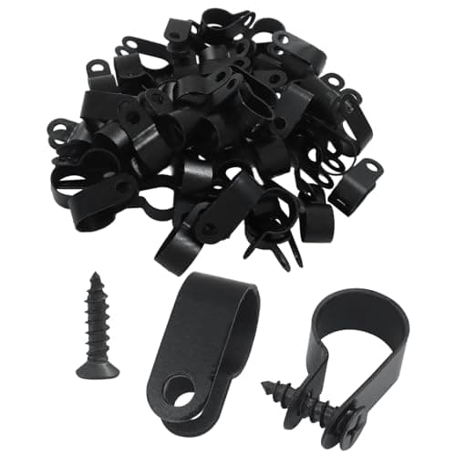Image of Cjueiom 100 PCS 1/2 Inch R Type Cable Clips, Black Nylon Wire Clamps with Stainless Steel Screws for Secure Cable Management, Ideal for Home, Office, and Outdoor Use