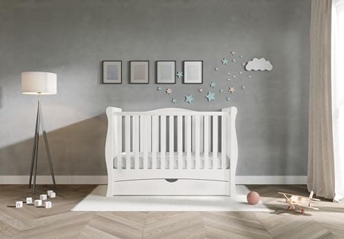 Image of Viculii GILBERT Baby Sleigh Cot Bed with Drawer Only | 140x70cm | 3 in 1 Large Cot Bed Converts to Toddler Bed Junior Bed (White)