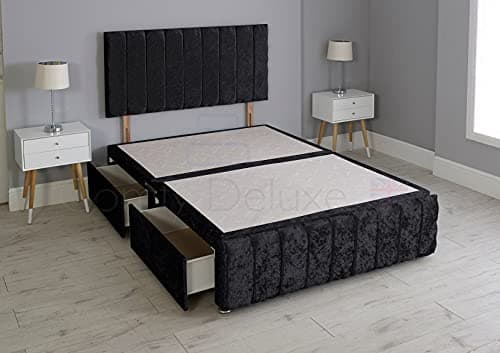 Image of Comfy Deluxe LTD 4FT6 Double Bed base with 26-Inch Matching Vertical Lined Headboard & Footboard - Black Crushed Velvet Ibex Bed Frame with No Mattress Included & 2 Drawers Footend - UK Made