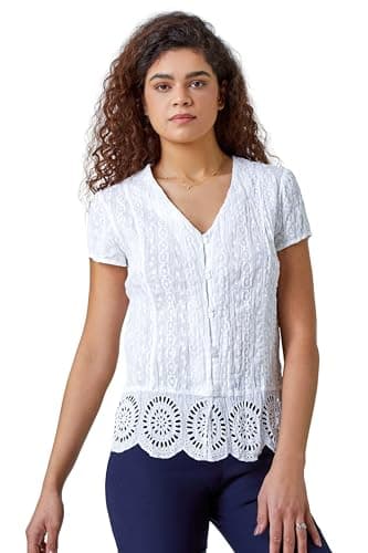 Image of Roman Crinkle Top for Women UK Ladies Embroidered Blouse 100% Cotton Lace Eyelet Shirt Cami Tunic Vest Sleeveless Short Sleeve Casual Notch Neck Broderie Anglaise - Plain White - Size 12