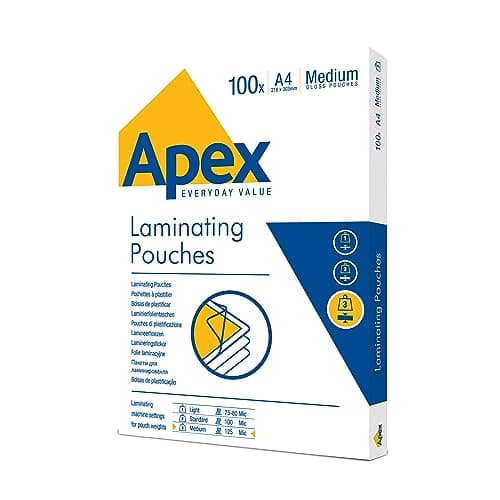 Image of Fellowes Apex A4 Laminating Pouches, Glossy Finish, 100 Sheets - Medium - Ideal for Notices, Photos, Creatives and Everyday Use