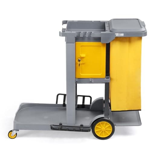 Image of Bonnlo Lockable Cleaning Trolley on Wheels – Janitorial & Sanitation Supplies Cart, Cleaning Bag, Tool Holders & Secure Cupboard – Mobile Cleaning Caddy for Office, Wheelie-Bin Cleaner - Grey