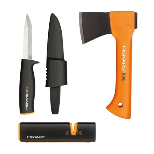 Image of Fiskars stove set, leisure axe X5-XXS, 23 cm, Xsharp axe and knife sharpener, ceramic sharpening head, universal knife K40, incl. quiver, 22.5 cm, 1057913